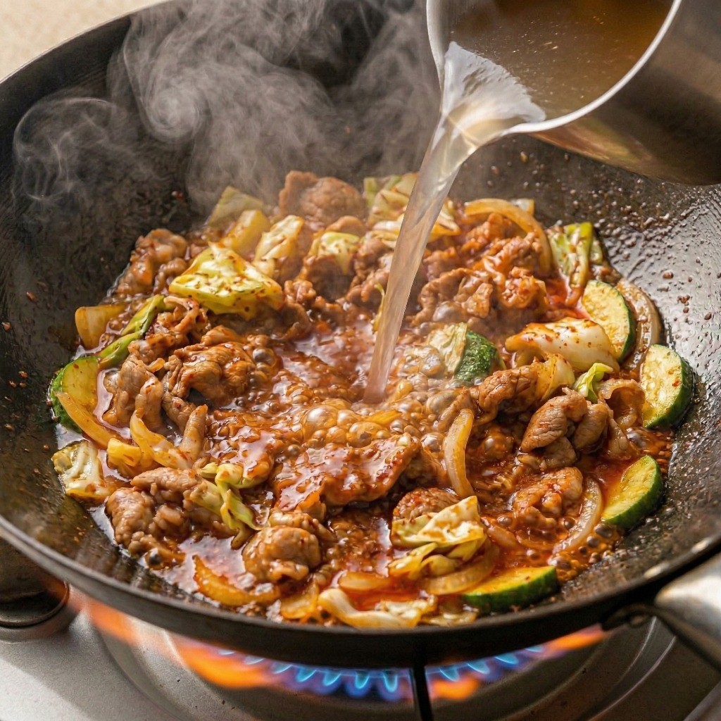 옛날 짬뽕 만들기 4단계: 볶은 재료에 육수를 붓고 치킨스톡과 굴소스 등으로 진한 중국집 짬뽕 국물 간 맞추기