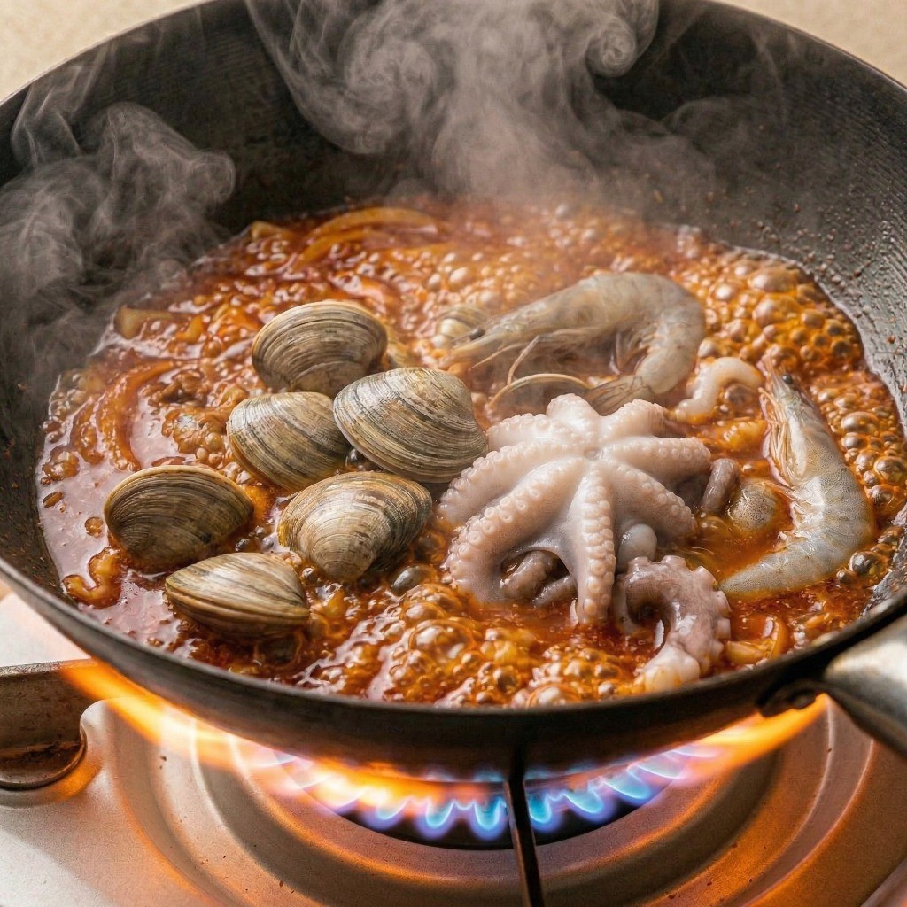 옛날 짬뽕 만들기 5단계: 얼큰하게 끓어오르는 짬뽕 국물에 신선한 바지락과 손질한 낙지 해산물 넣기