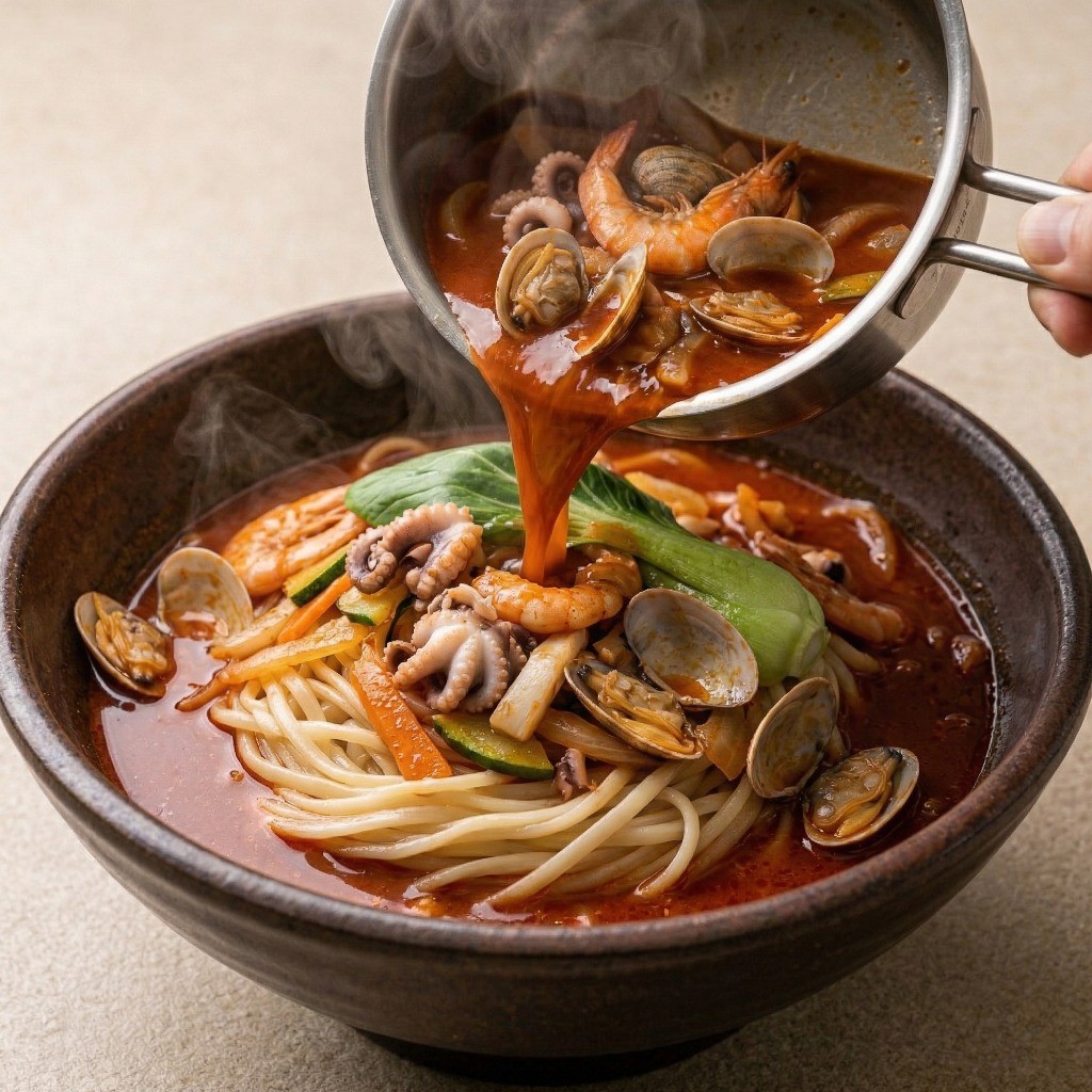 옛날 짬뽕 만들기 6단계: 삶아낸 중화면에 얼큰하고 진한 해물 짬뽕 국물을 붓고 청경채 고명으로 플레이팅한 모습