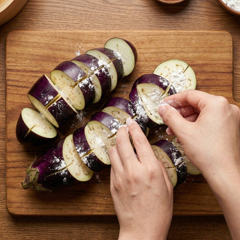 어향가지 만들기 1단계: 가지에 주머니 모양 칼집을 내고 마른 전분 가루를 뿌려 손질하는 모습