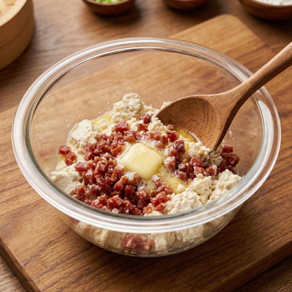 어향가지 만들기 2단계: 으깬 부침용 두부와 다진 소시지, 돼지비계 기름을 섞어 만능 속재료를 만드는 과정