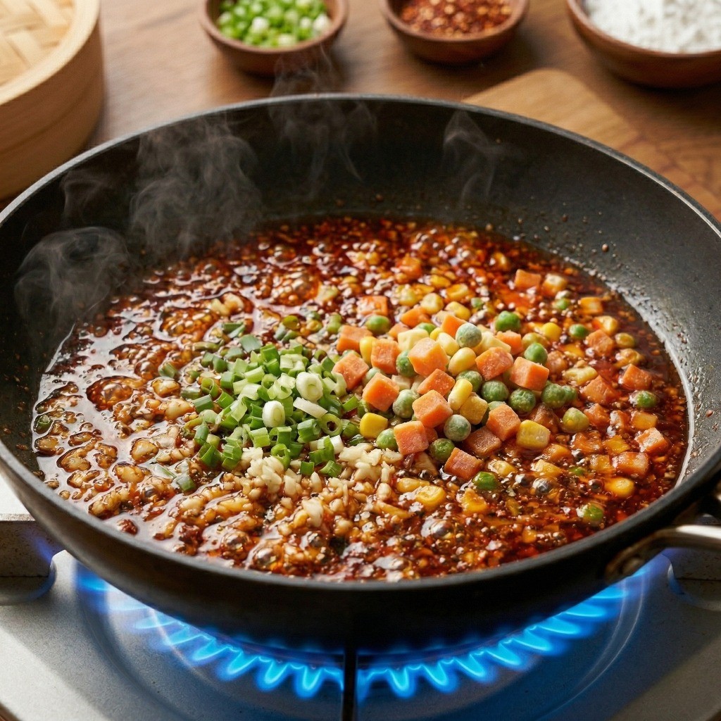 어향가지 만들기 4단계: 팬에 고추기름을 두르고 파, 마늘, 냉동 채소를 은은하게 볶아 향긋한 어향소스 베이스를 만드는 과정