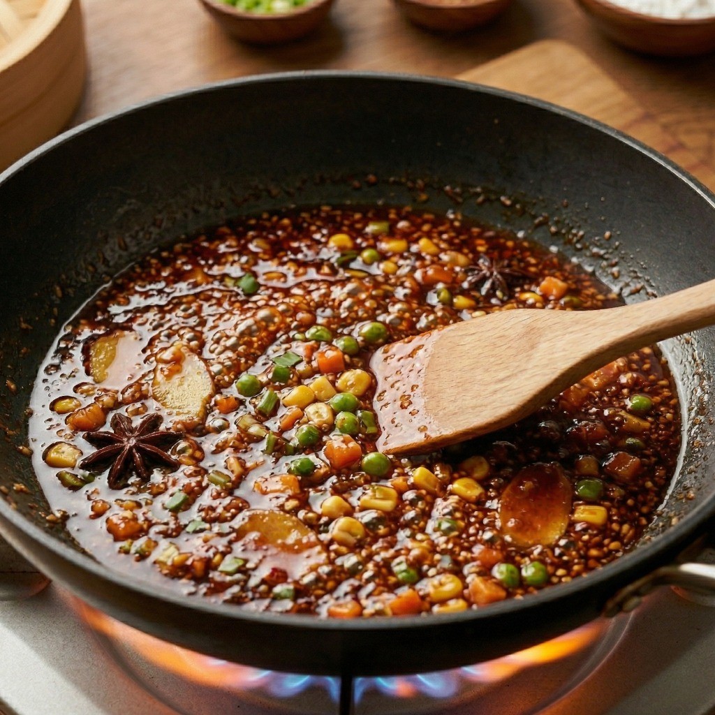 어향가지 만들기 5단계: 간장, 두반장, 굴소스, 치킨스톡 등의 양념과 물을 넣고 바글바글 끓여 어향소스를 졸이는 모습