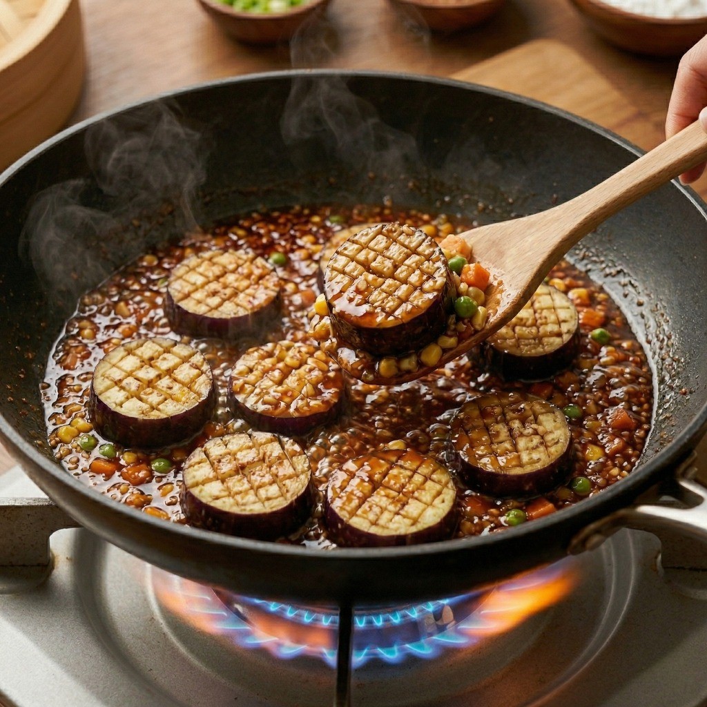 어향가지 만들기 6단계: 걸쭉해진 어향소스에 미리 튀겨둔 가지를 넣고 양념이 골고루 배어들도록 재빨리 버무리는 최종 완성 단계