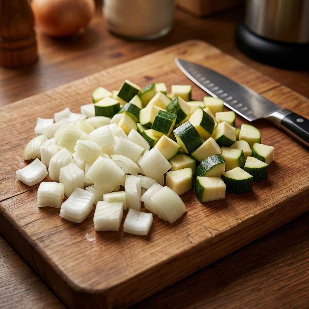 짜장면 만들기 1단계: 양파와 애호박을 큼직하게 썰어 준비하는 모습