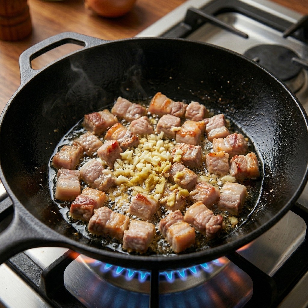 짜장면 만들기 2단계: 식용유를 두른 팬에 돼지고기, 생강, 마늘을 바싹 볶는 모습