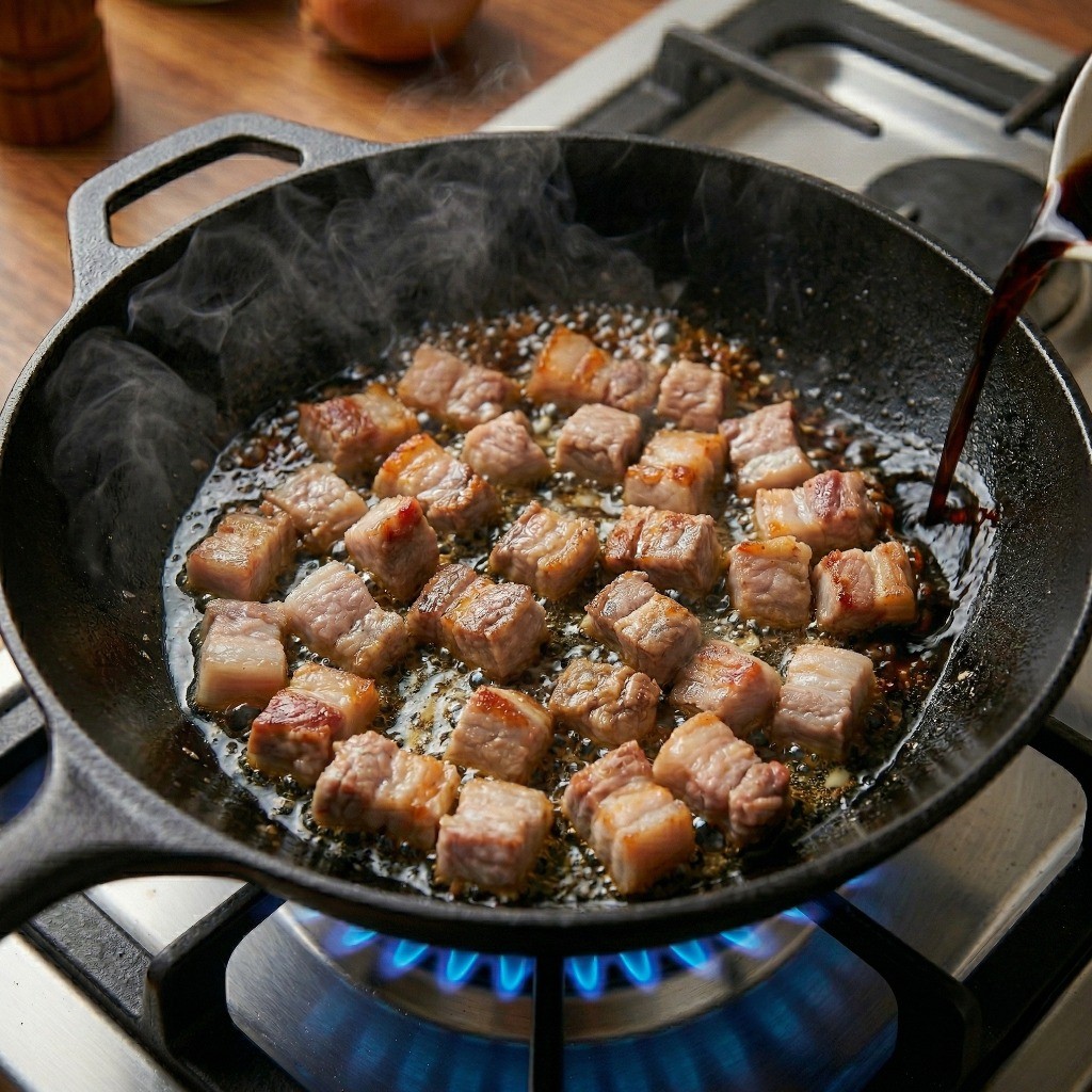 짜장면 만들기 3단계: 불향을 입히기 위해 팬 가장자리에 진간장을 두르는 모습