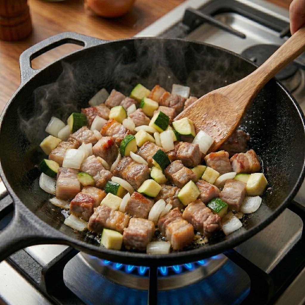 짜장면 만들기 4단계: 썰어둔 야채와 굴소스, 설탕을 넣고 빠르게 볶는 중국집 짜장면 조리 과정