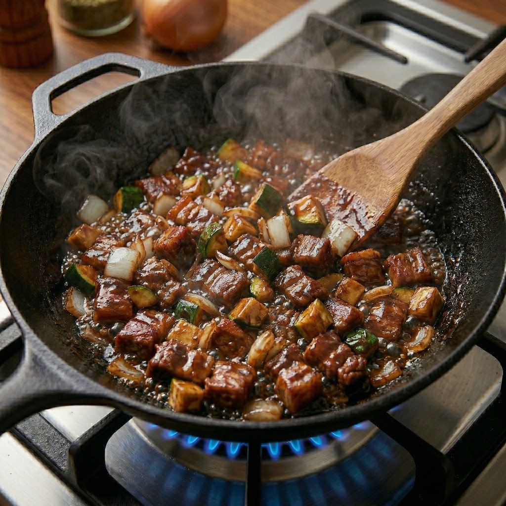 짜장면 만들기 5단계: 볶은 춘장과 전분물을 넣어 짜장 소스의 걸쭉한 농도를 맞추는 모습