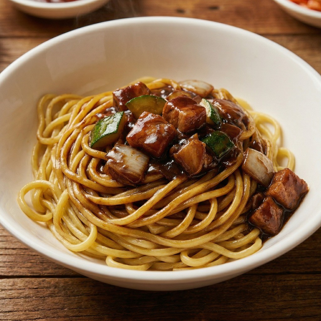 짜장면 만들기 6단계: 삶은 중화면 위에 완성된 진한 중국집 짜장 소스를 붓는 최종 완성 단계