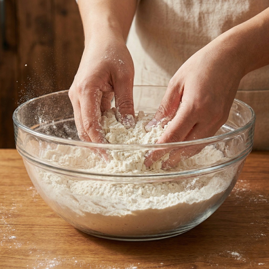 중력 밀가루를 뜨거운 물과 찬물로 익반죽하여 30분간 숙성시키는 고양이 귀 면 반죽 과정
