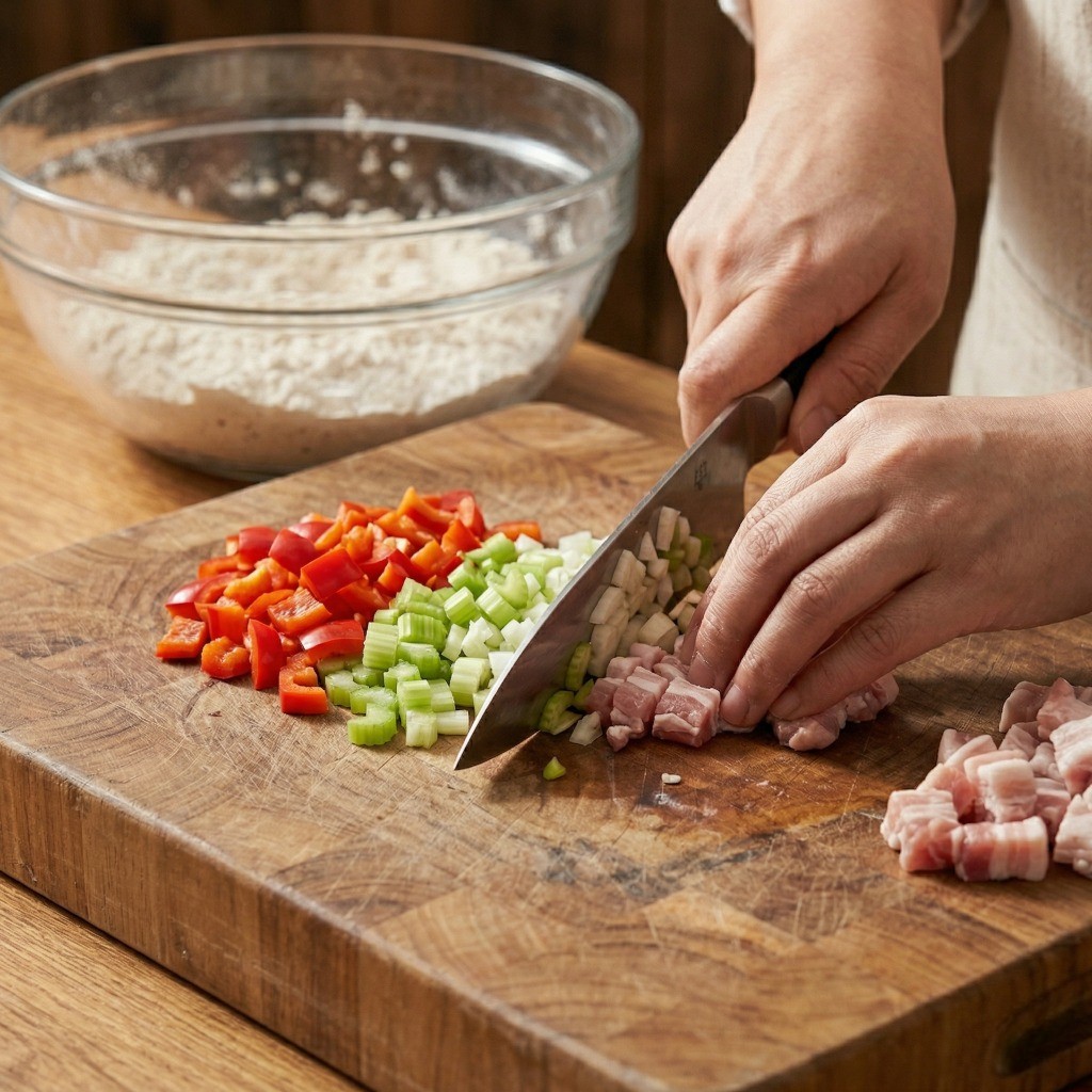 삼겹살, 양파, 셀러리, 파프리카, 표고버섯을 잘게 다지듯 써는 고양이 귀 면 재료 손질 과정