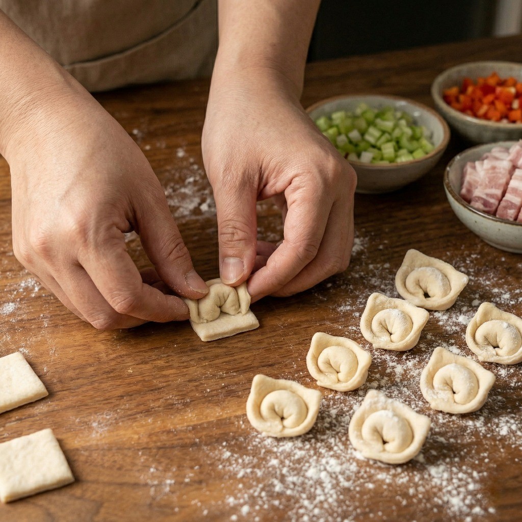 숙성된 반죽을 네모나게 썰어 엄지로 밀어 귀여운 고양이 귀 모양(마오얼둬)을 만드는 과정