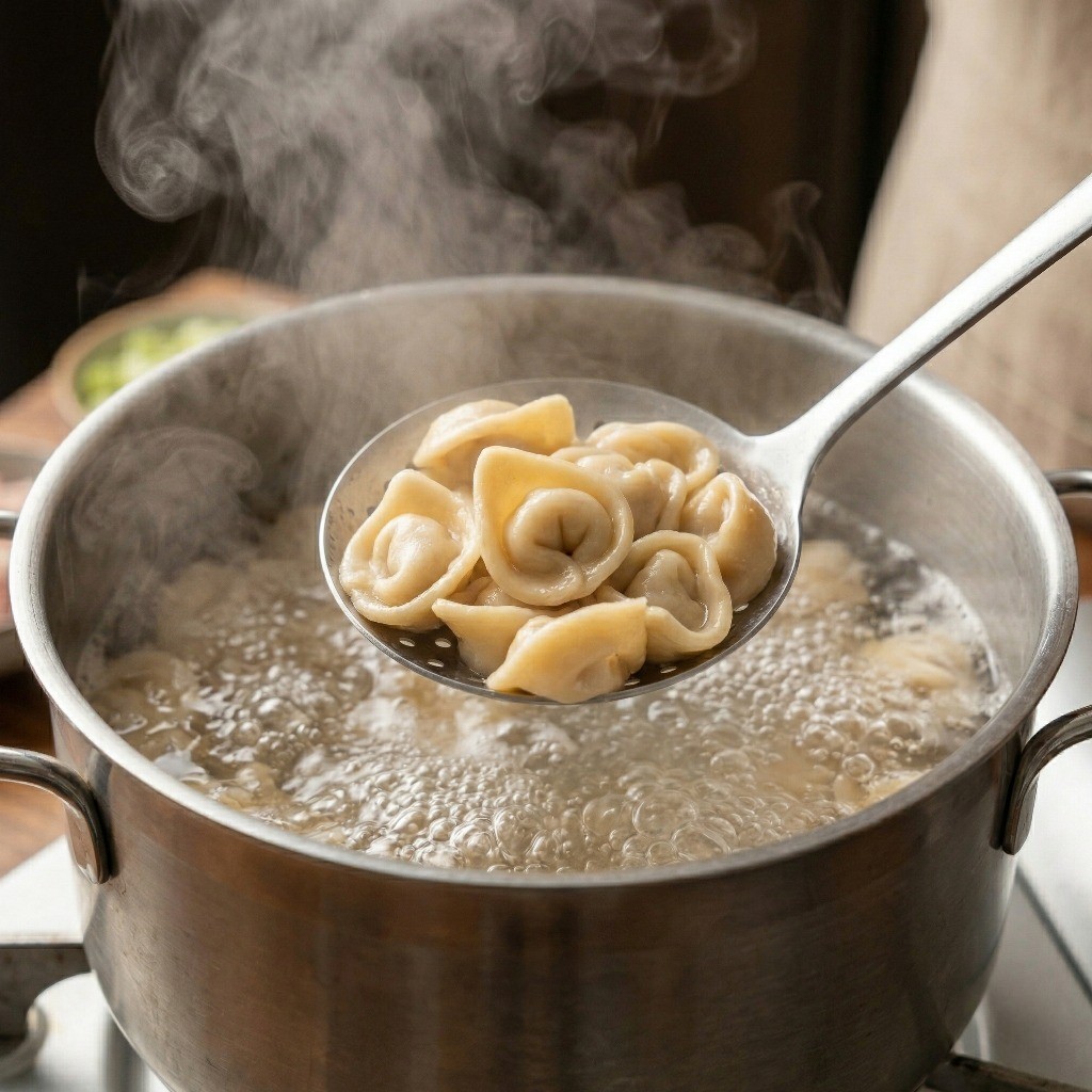 끓는 물에 중국식 수제비인 고양이 귀 면을 삶아낸 뒤 찬물에 헹궈 탱글탱글한 식감을 살리는 삶기 과정