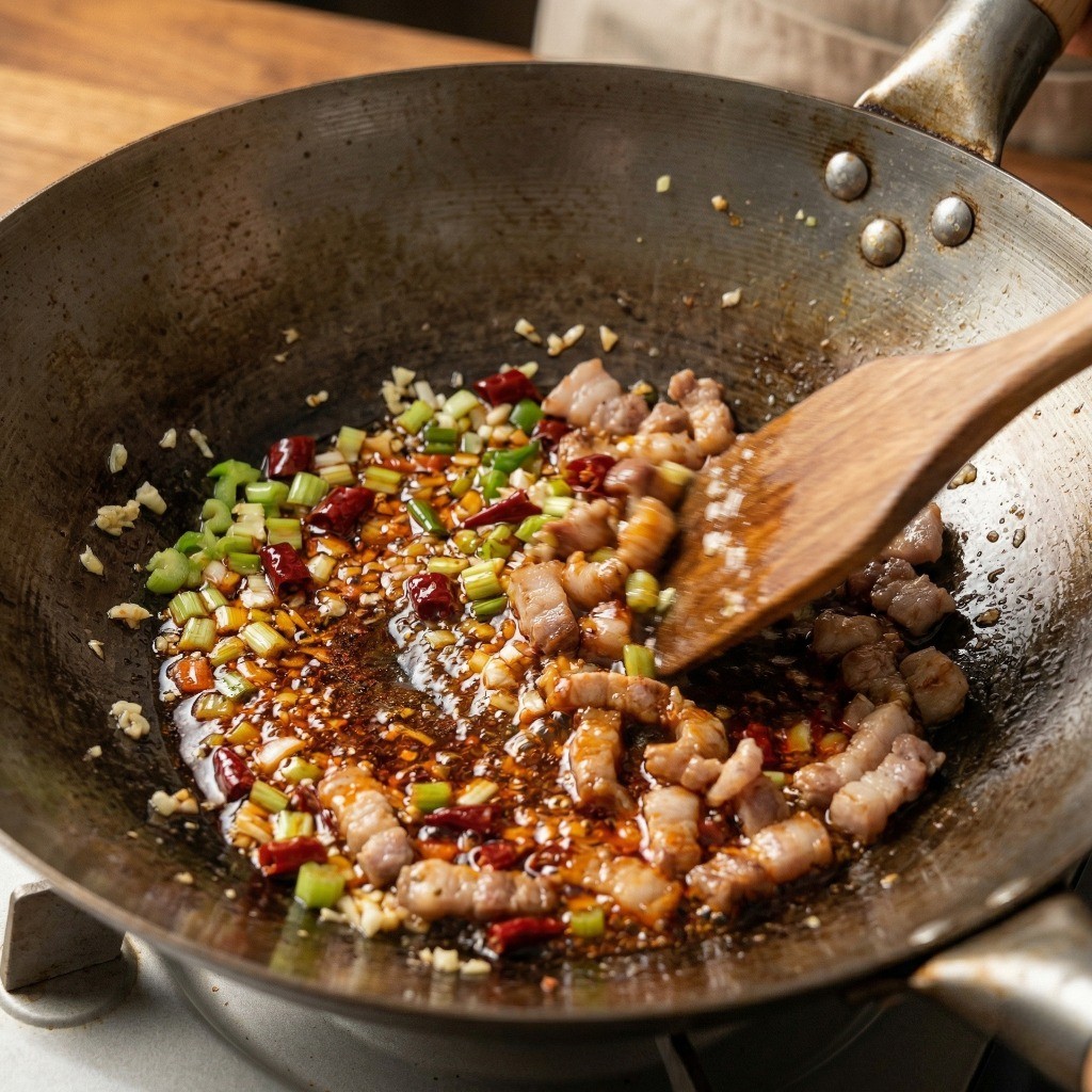 고추기름에 파, 마늘, 월남고추로 향을 내고 삼겹살을 바싹 익혀 파기름을 내는 볶음면 기초 과정