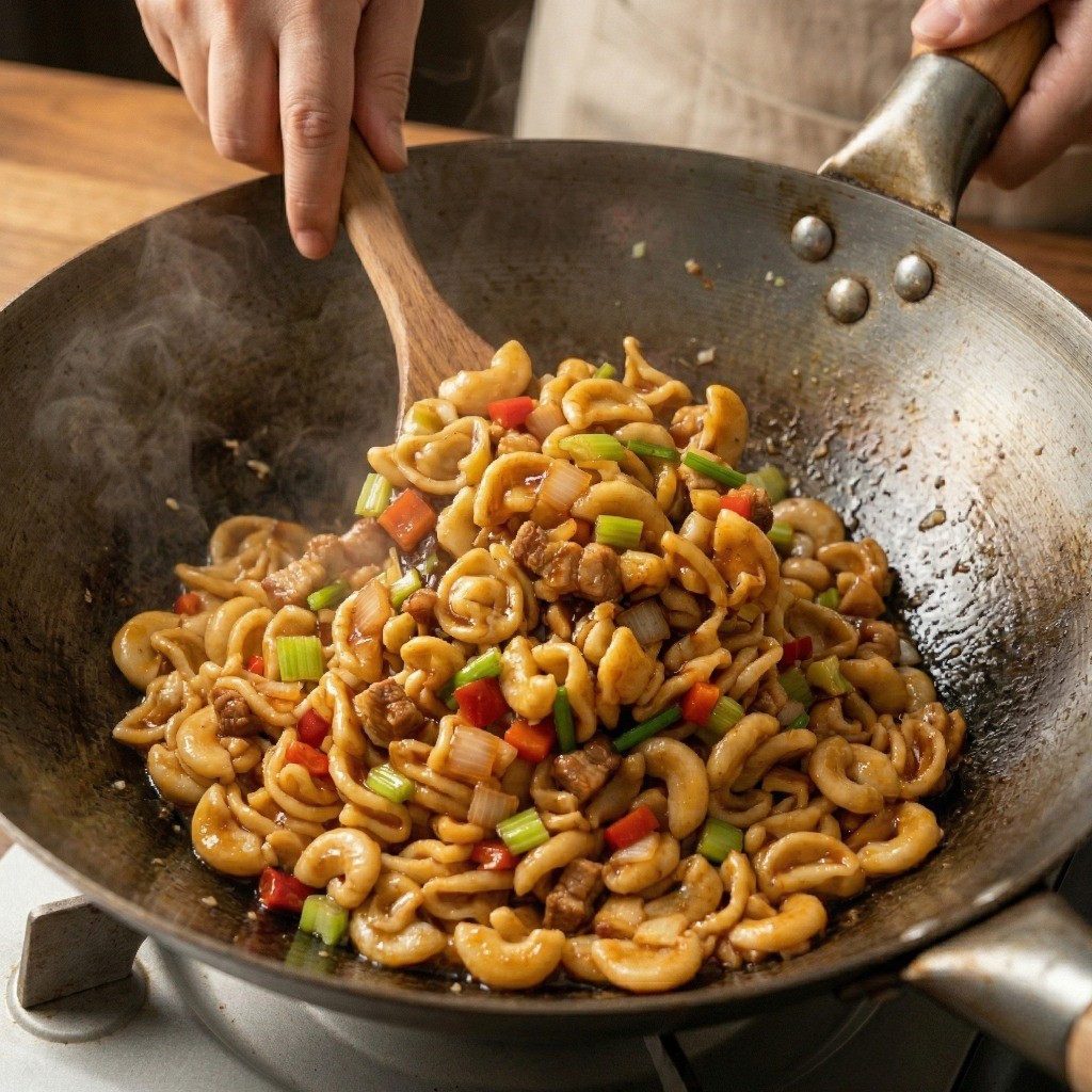 간장, 굴소스, 두반장 등 양념과 채소를 볶다가 삶아둔 마오얼둬 면을 넣고 함께 볶는 과정
