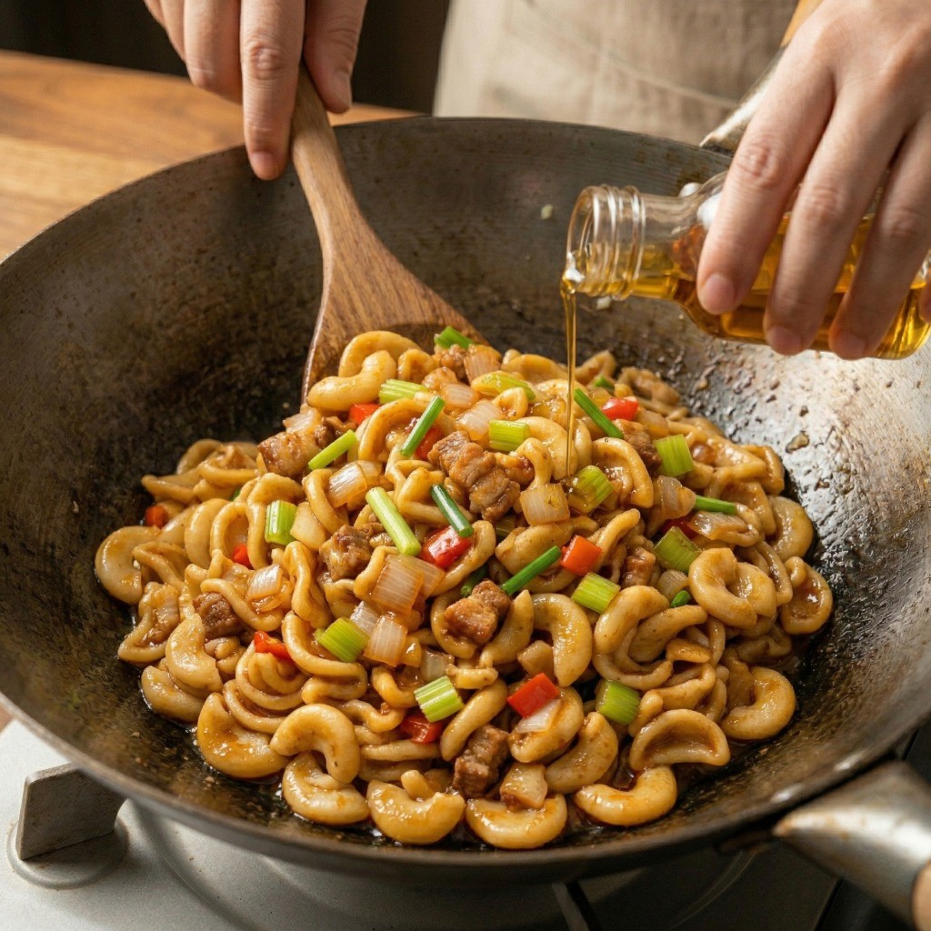 완성된 고양이 귀 면 볶음에 고소한 참기름을 살짝 둘러 마무리하는 조리 마지막 단계