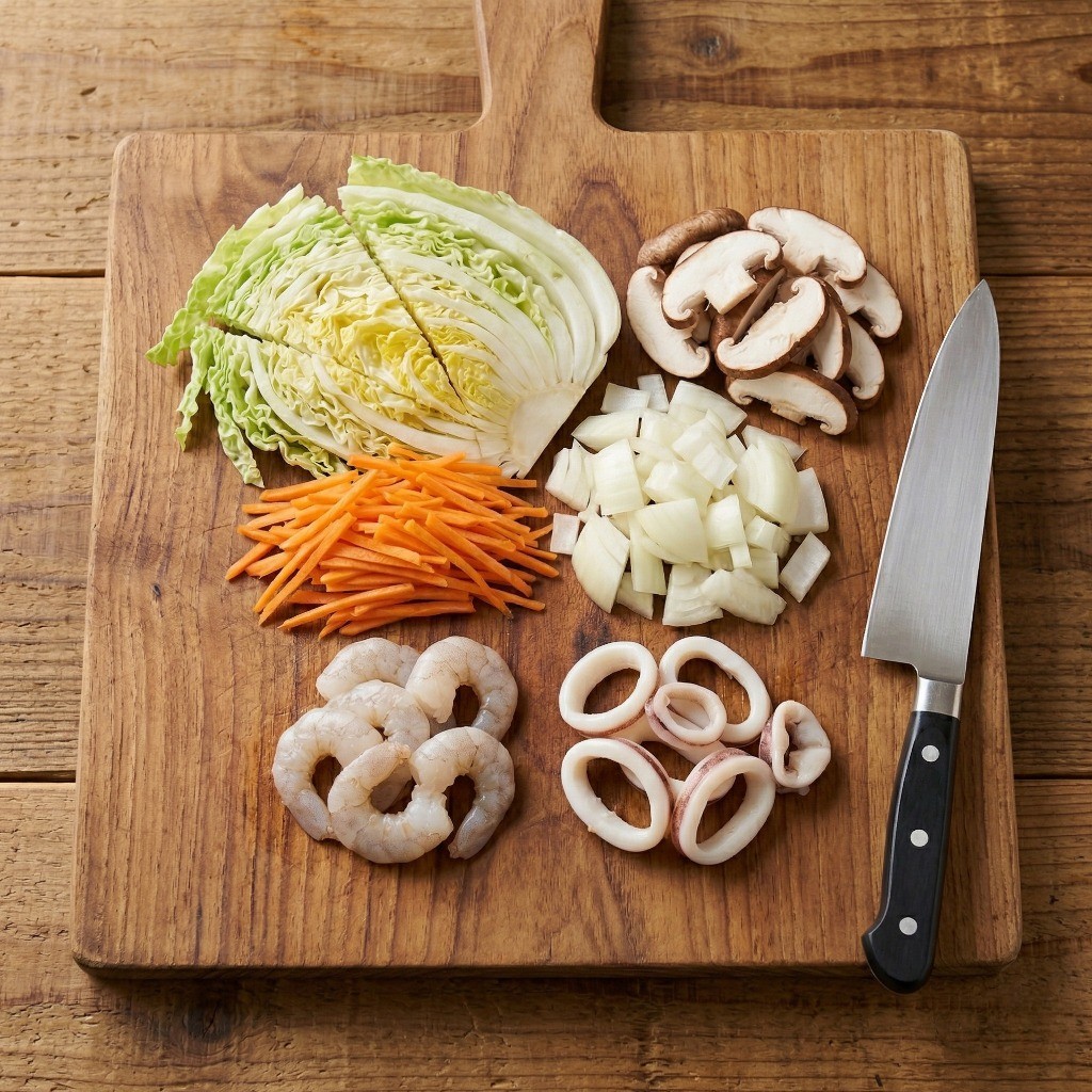 후라이멘 재료 손질: 배추, 당근, 양파, 버섯, 오징어, 새우 등 신선한 채소와 해산물 준비 과정