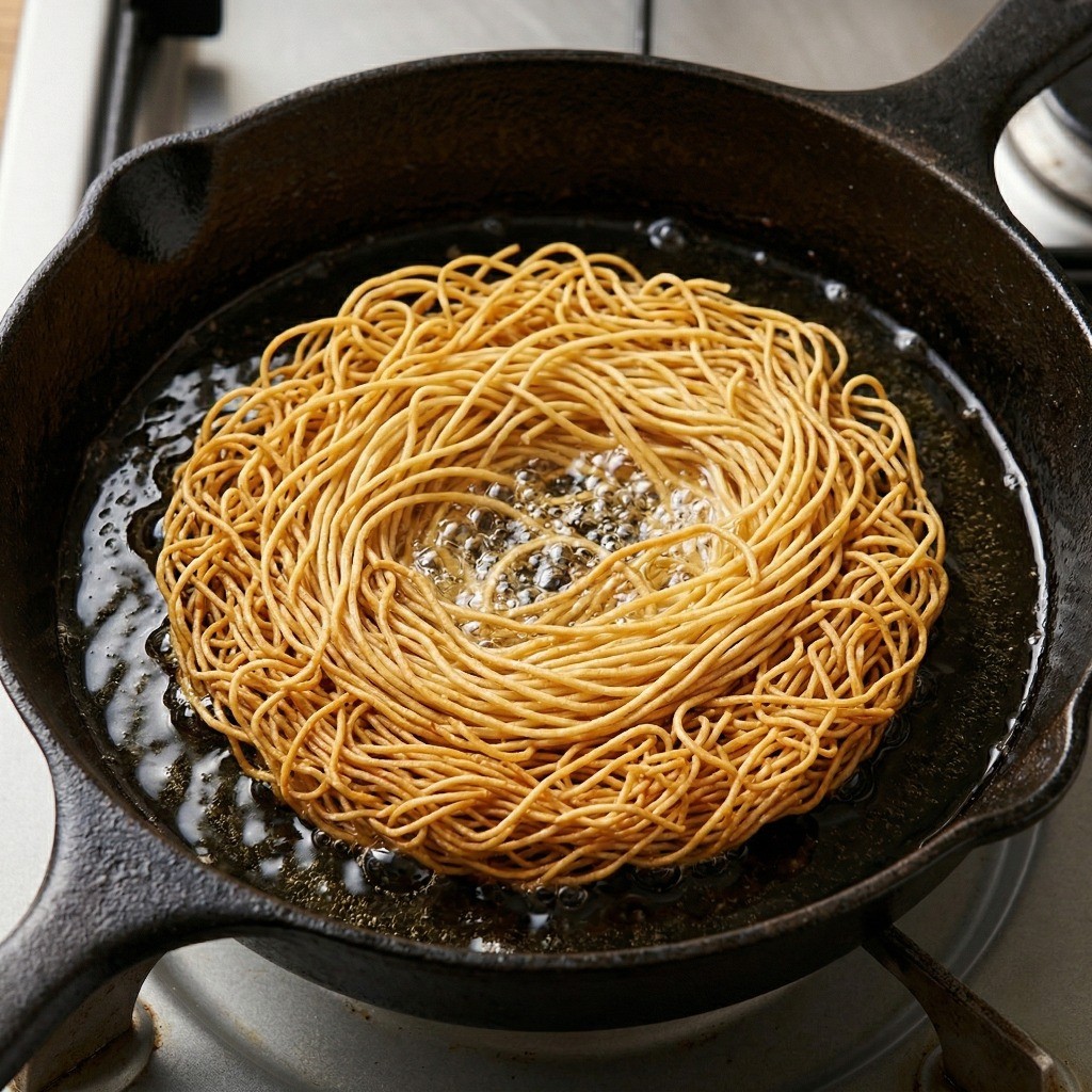 잔치국수 소면 튀기기: 프라이팬 기름에 생소면을 노릇하고 바삭하게 튀기듯 굽는 과정