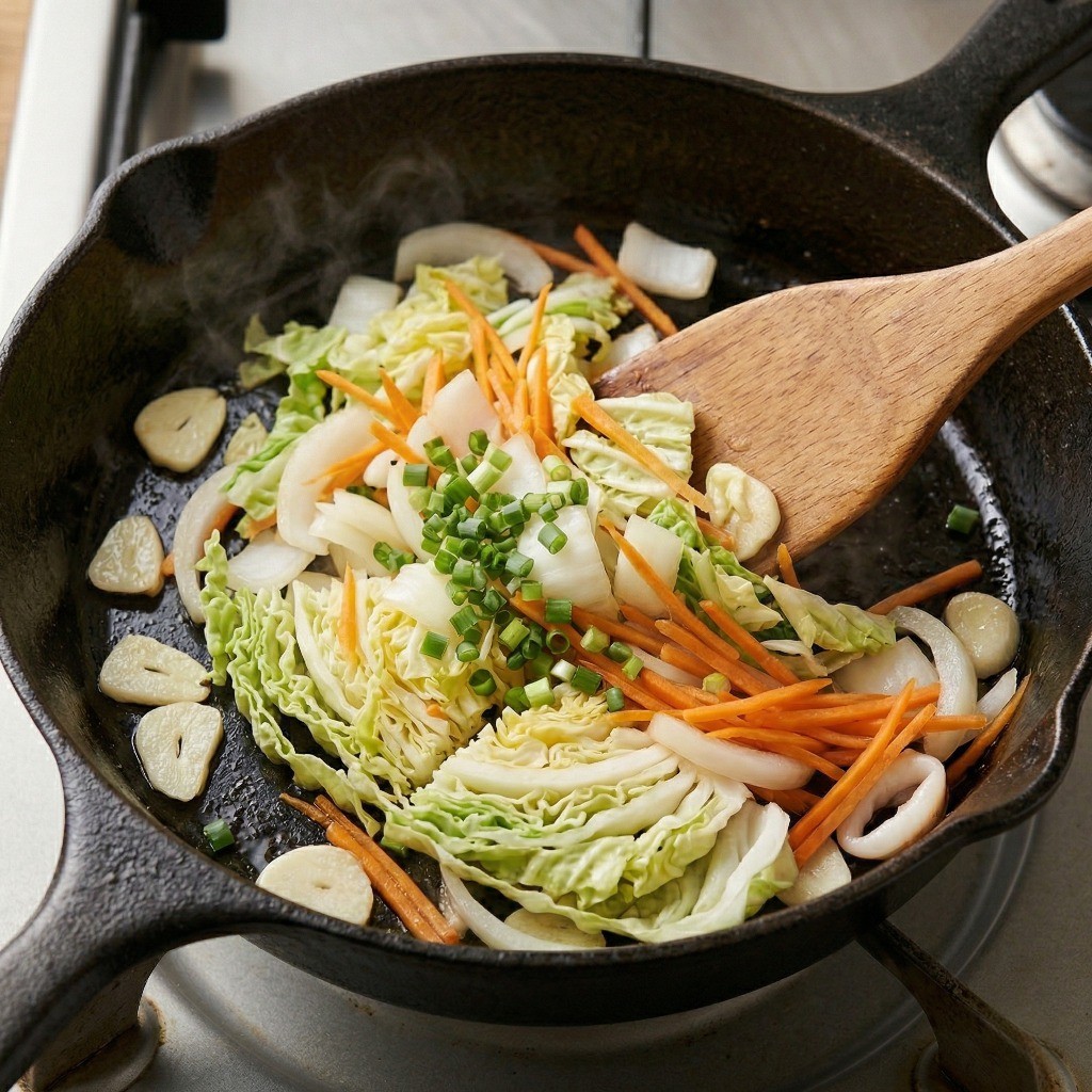 파기름 내고 채소 볶기: 대파와 마늘을 볶은 후 준비한 후라이멘 채소 재료를 함께 볶는 모습