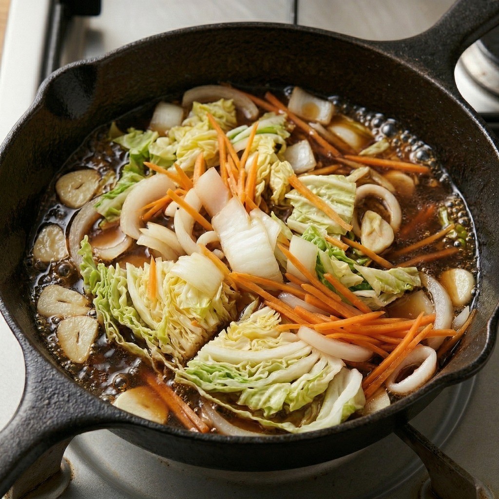 후라이멘 소스 육수 만들기: 볶은 채소에 물과 치킨스톡을 넣어 끓이는 레시피 과정