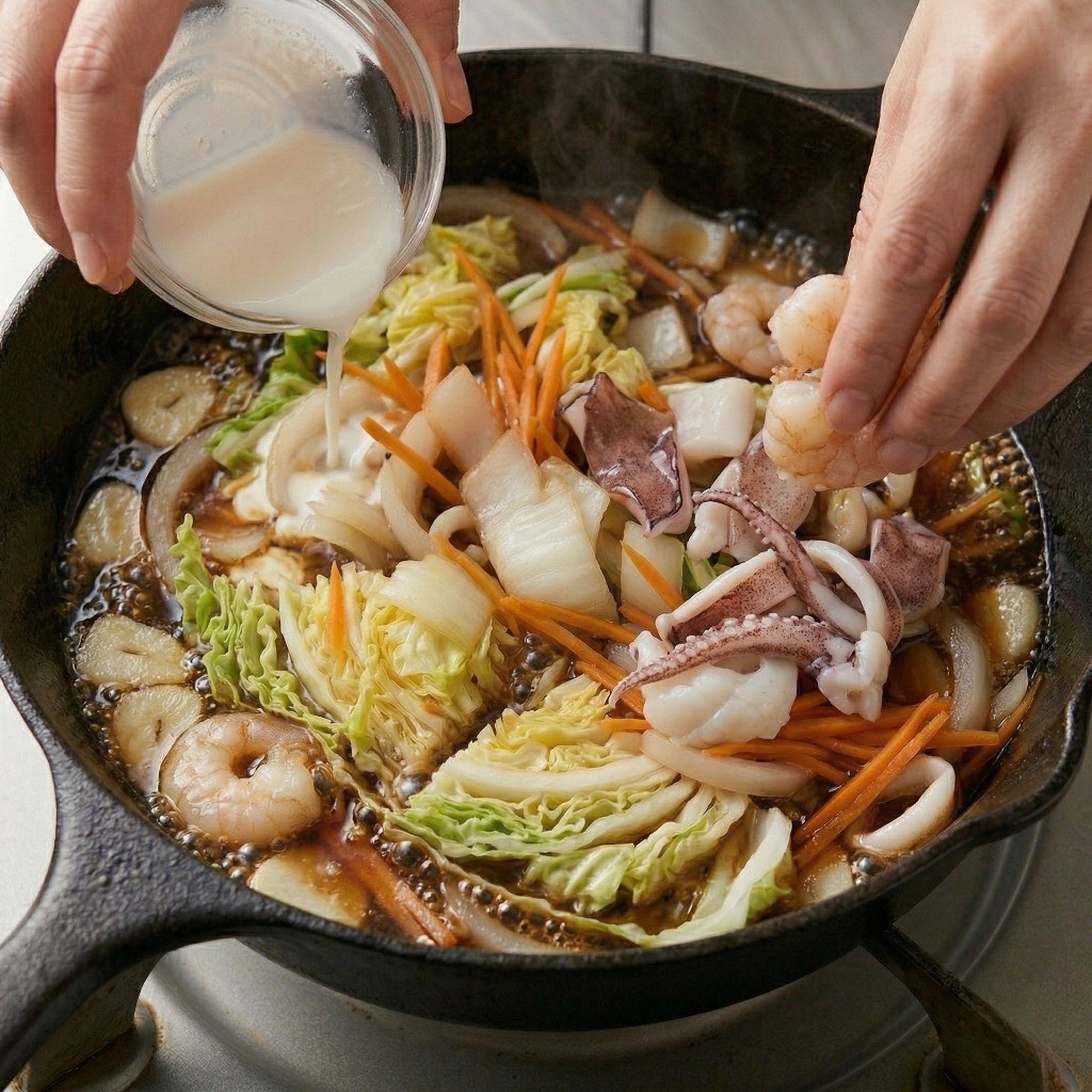 해산물과 전분물 넣기: 끓는 육수에 오징어, 새우를 넣고 전분물로 걸쭉한 볶음면 소스 농도 맞추기