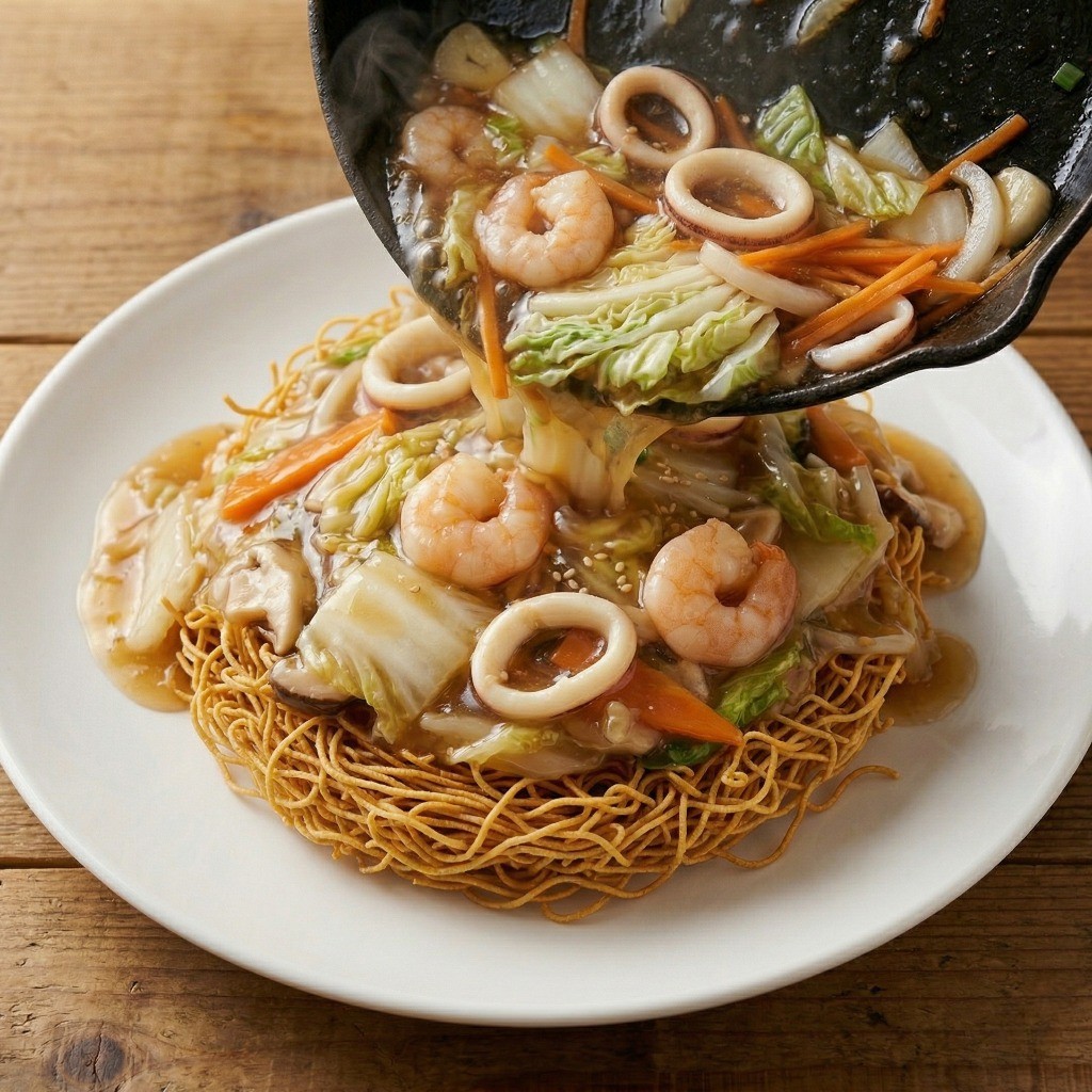 이연복 후라이멘 플레이팅: 바삭하게 튀긴 소면 위에 완성된 따뜻한 해물 볶음 소스 붓기