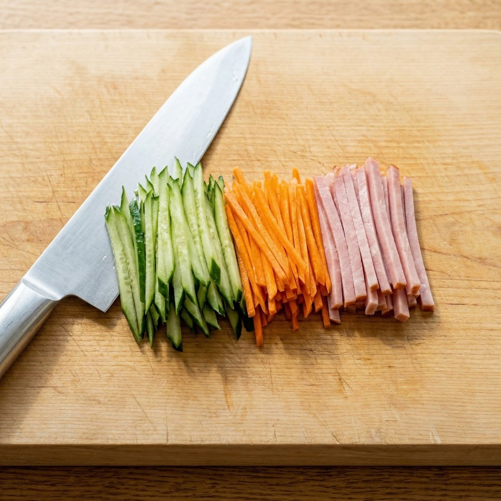 히야시 추카 고명으로 사용할 오이, 당근, 무순, 햄을 먹기 좋게 채 썰어 준비한 모습