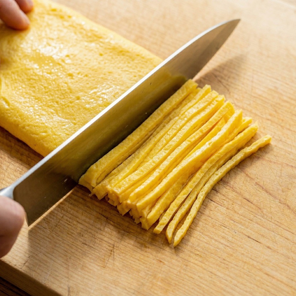 얇게 부친 계란 지단을 일본식 냉면 고명용으로 가늘고 길게 채 써는 과정