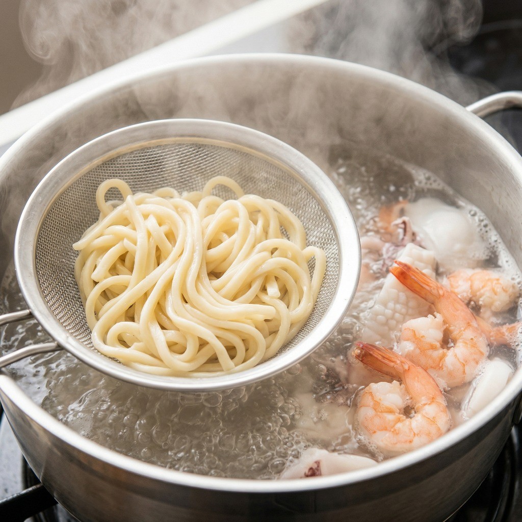 쫄깃한 진치국수 생면을 삶고 끓는 물에 오징어와 새우를 한 번에 데치는 조리 꿀팁