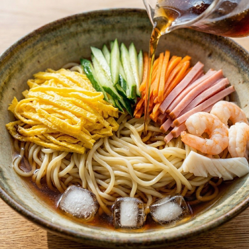 생면 위에 오이, 계란 등 다채로운 고명을 얹고 살얼음 낀 간장 소스를 붓는 플레이팅 완성 단계