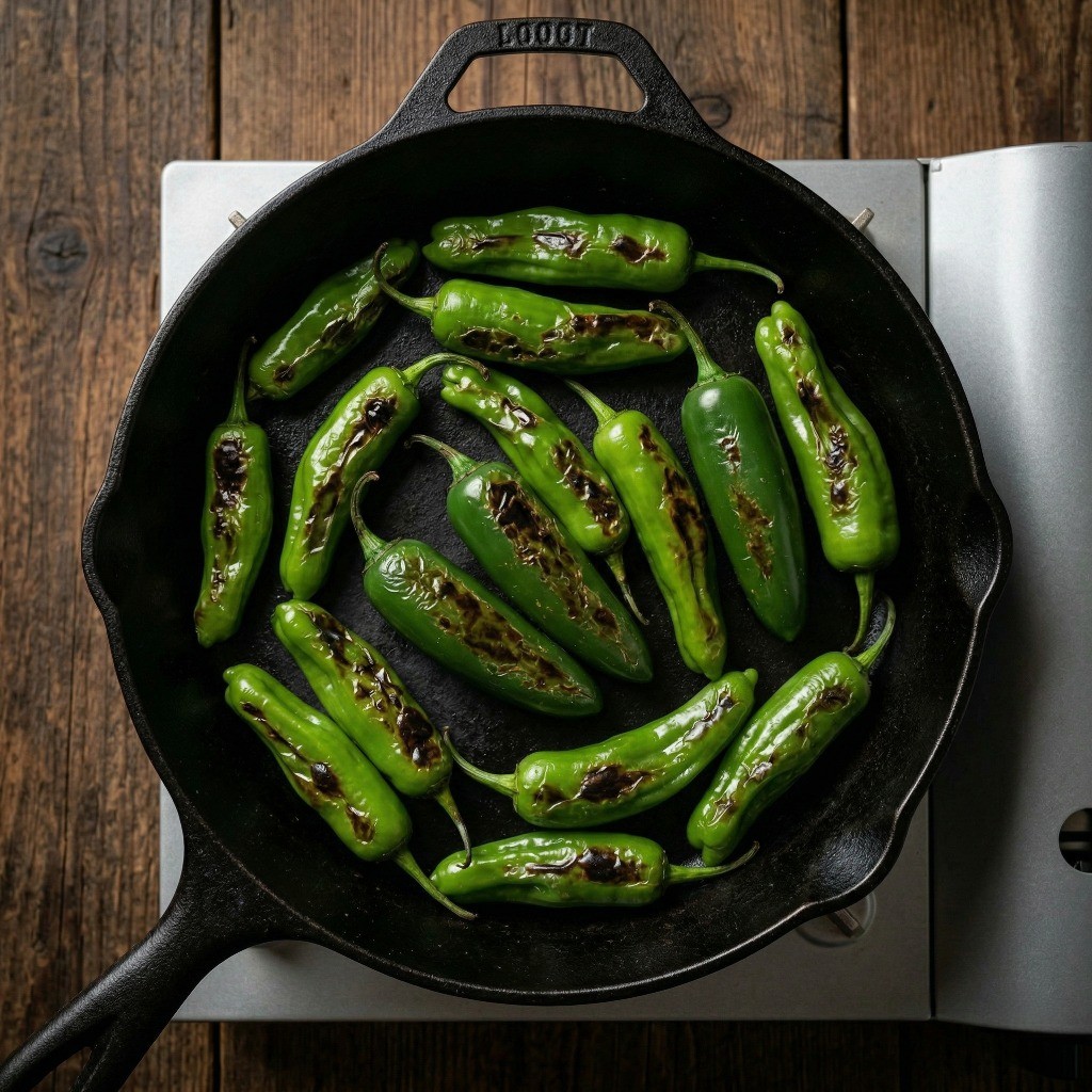 기름 없는 마른 팬에 꽈리고추와 청양고추 굽는 고추비빔면 조리 과정