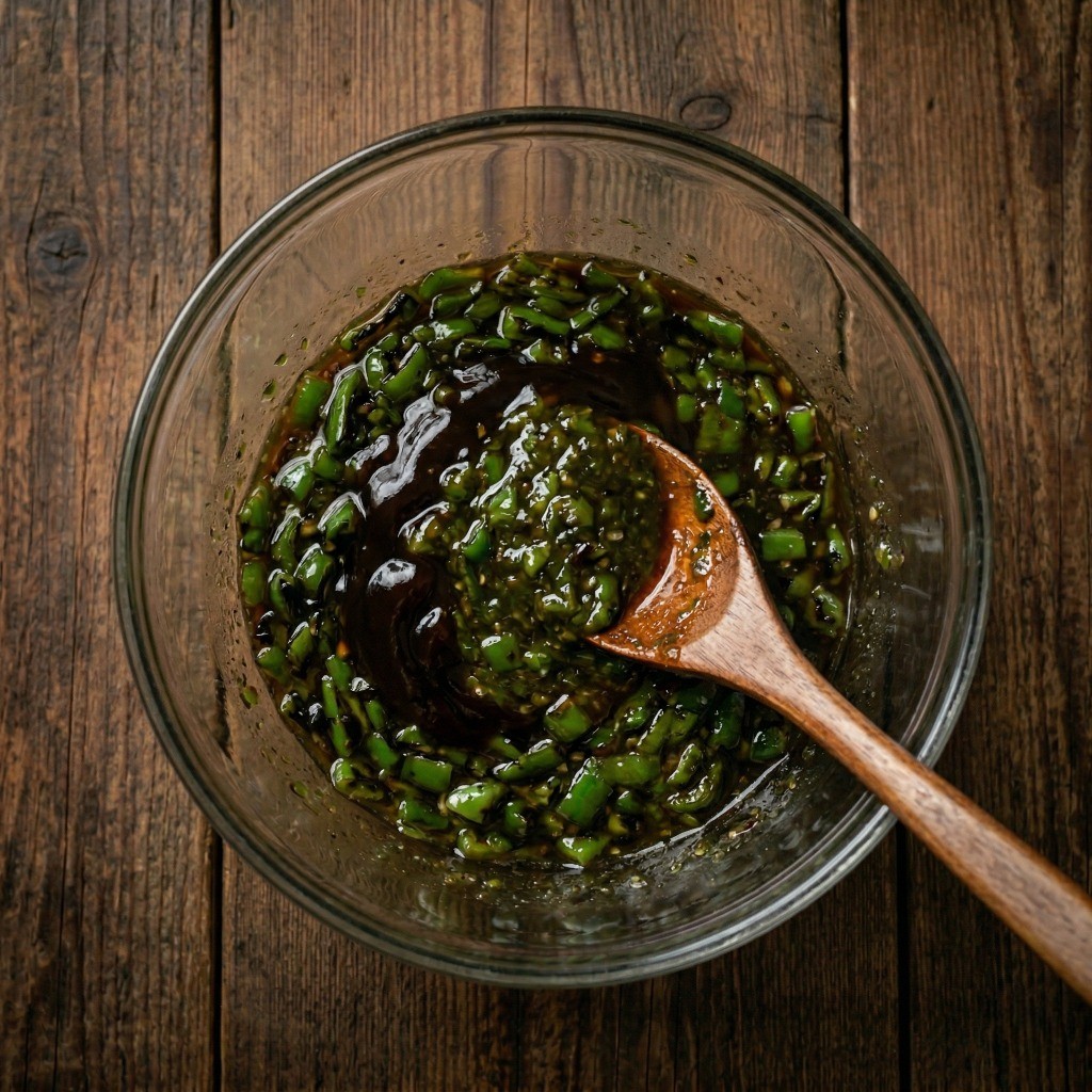 다진 고추와 굴소스, 간장을 섞어 완성한 이연복 특제 고추비빔면 소스