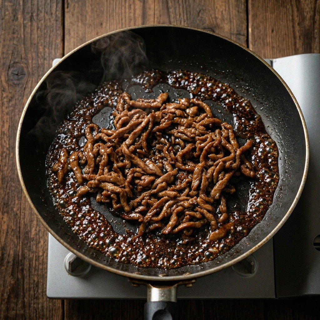 채 썬 돼지고기에 간장으로 불향을 입혀 볶아낸 고추비빔면 고명