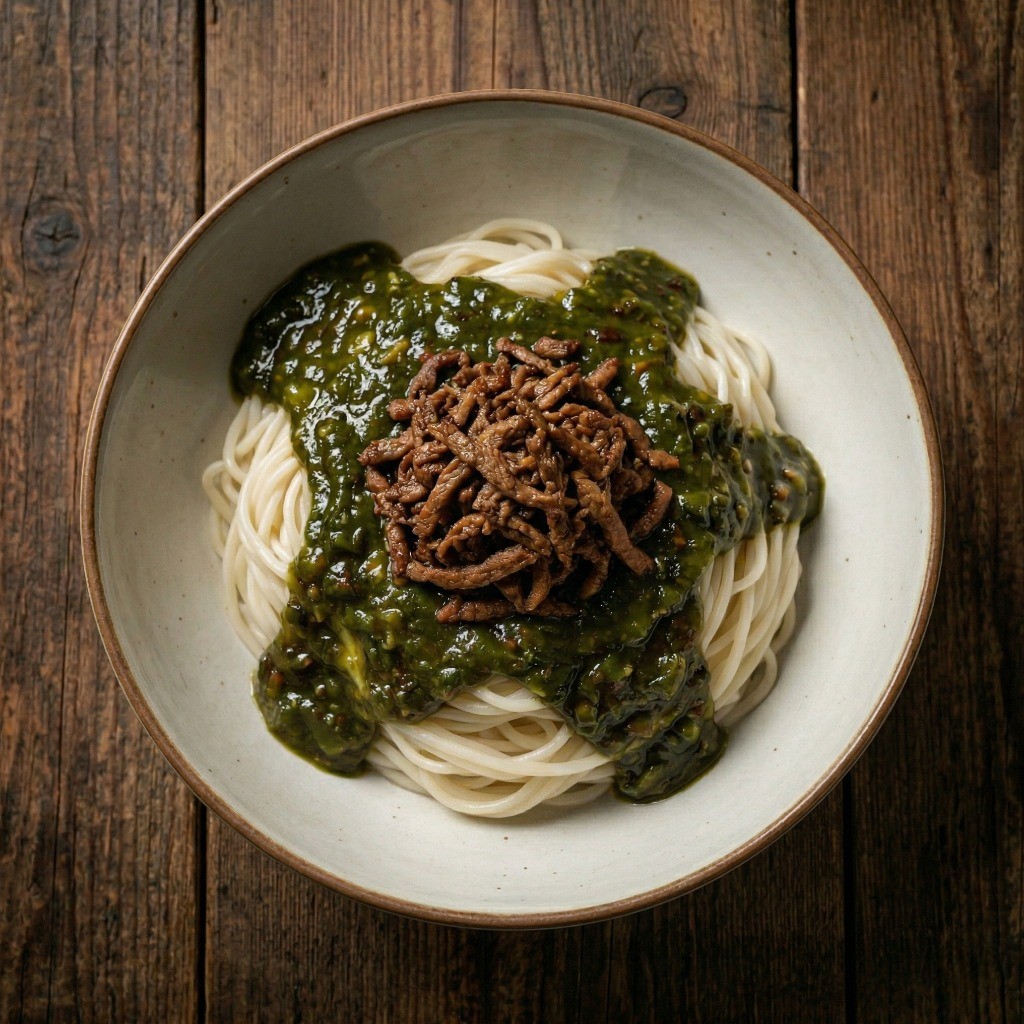 삶은 면 위에 매콤한 고추 소스와 돼지고기 고명을 올린 이연복 고추비빔면 완성 플레이팅