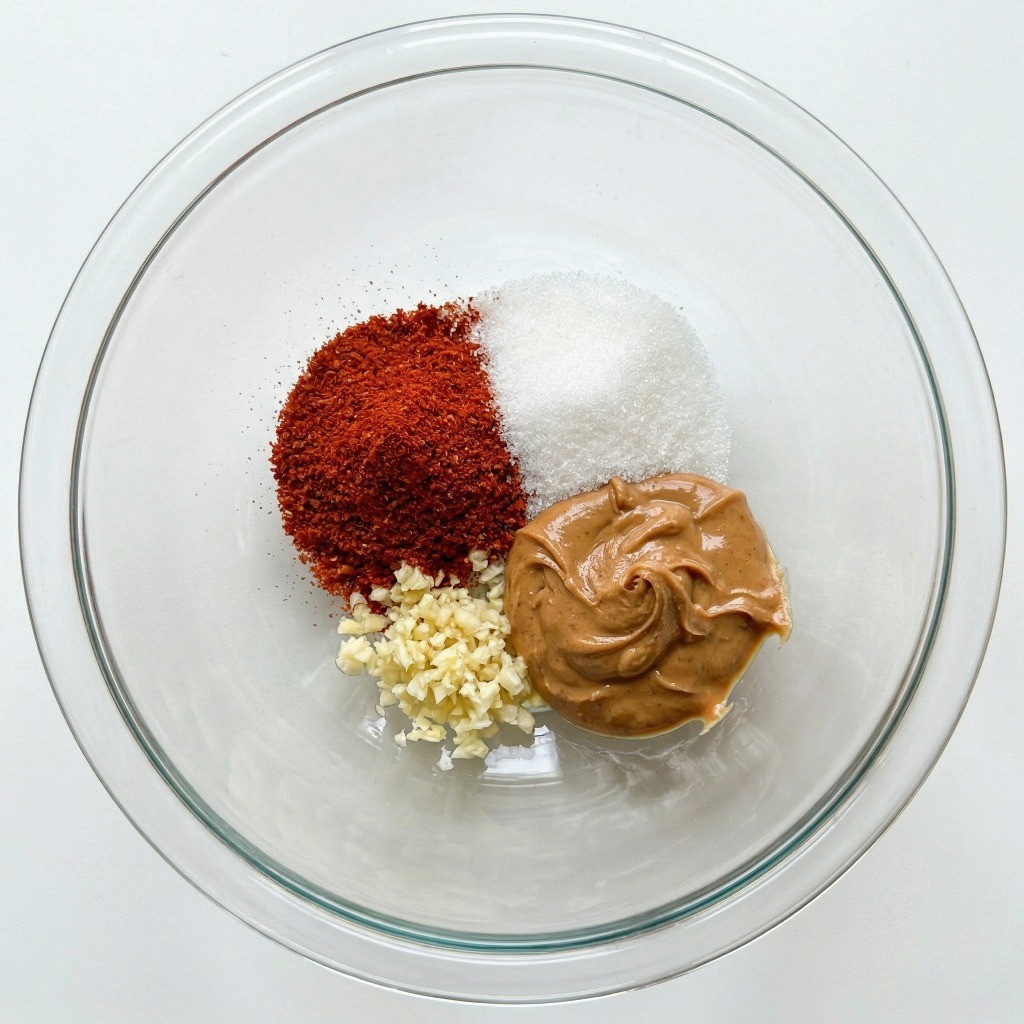 내열 볼에 고춧가루, 다진 마늘, 꾸덕한 땅콩버터 등 비빔면 특제 양념 재료를 한곳에 모아둔 모습