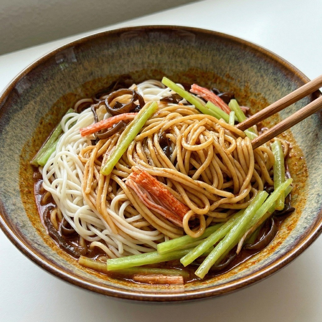 쫄깃하게 삶은 중화면에 아삭한 궁채와 특제 땅콩버터 양념장을 듬뿍 얹어 골고루 비비는 과정