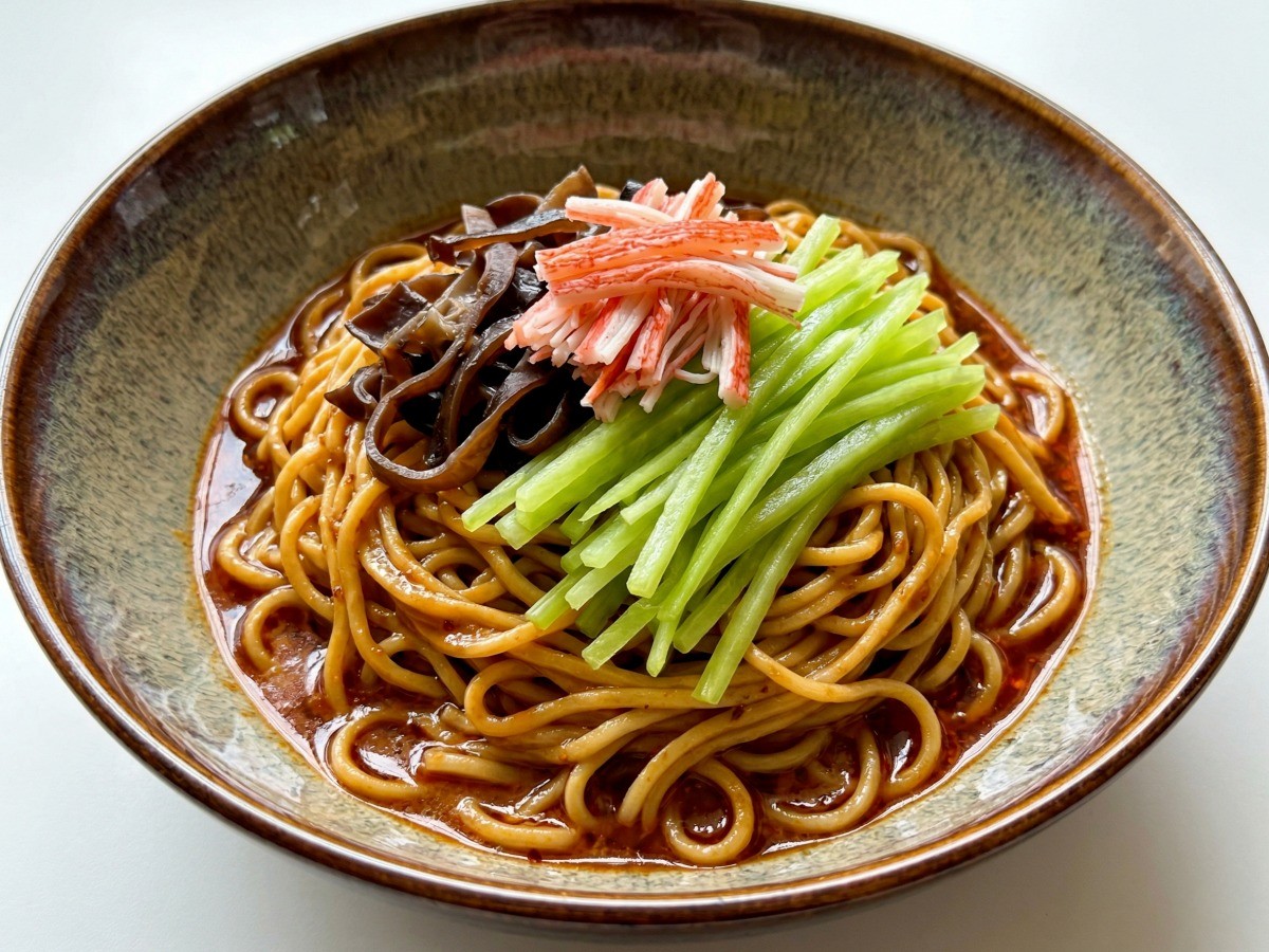 이연복 셰프의 아삭하고 고소한 땅콩버터 궁채 비빔면 완성 플레이팅