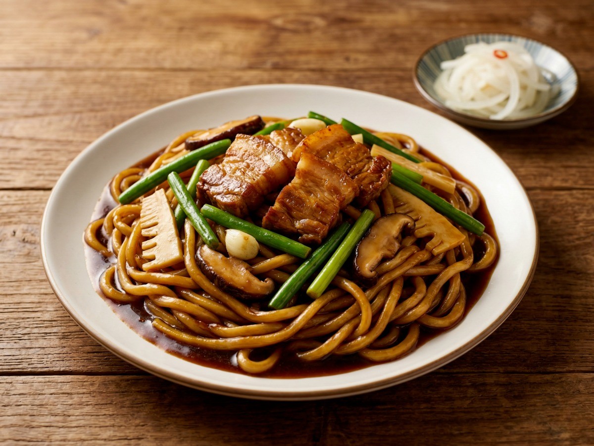 이연복 삼겹살 볶음면 완성 플레이팅과 상큼한 양파 초절임