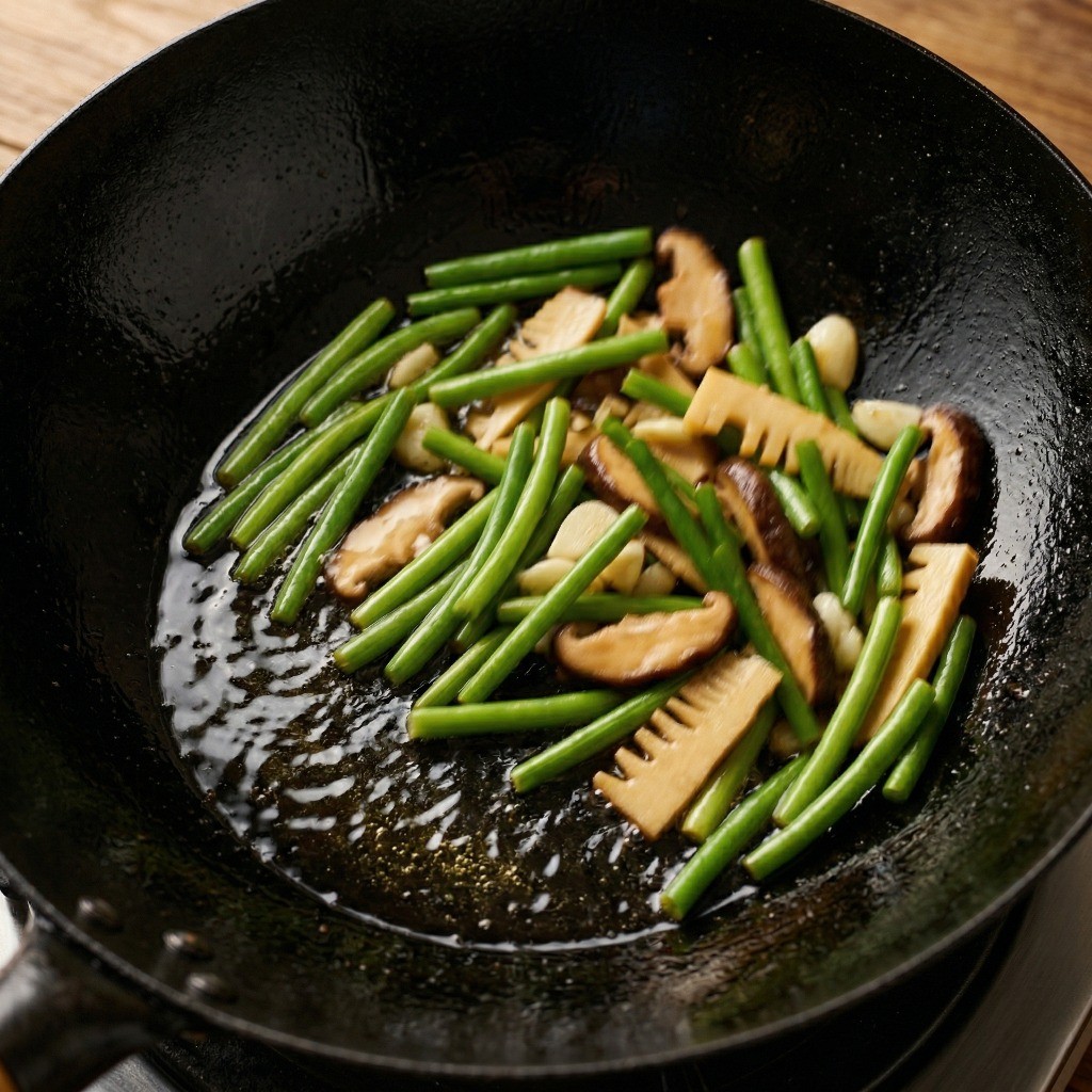 삼겹살 볶음면의 아삭한 식감을 위해 그린빈, 마늘쫑, 샐러리 등 단단한 채소를 기름에 튀기듯 볶는 화기애 과정