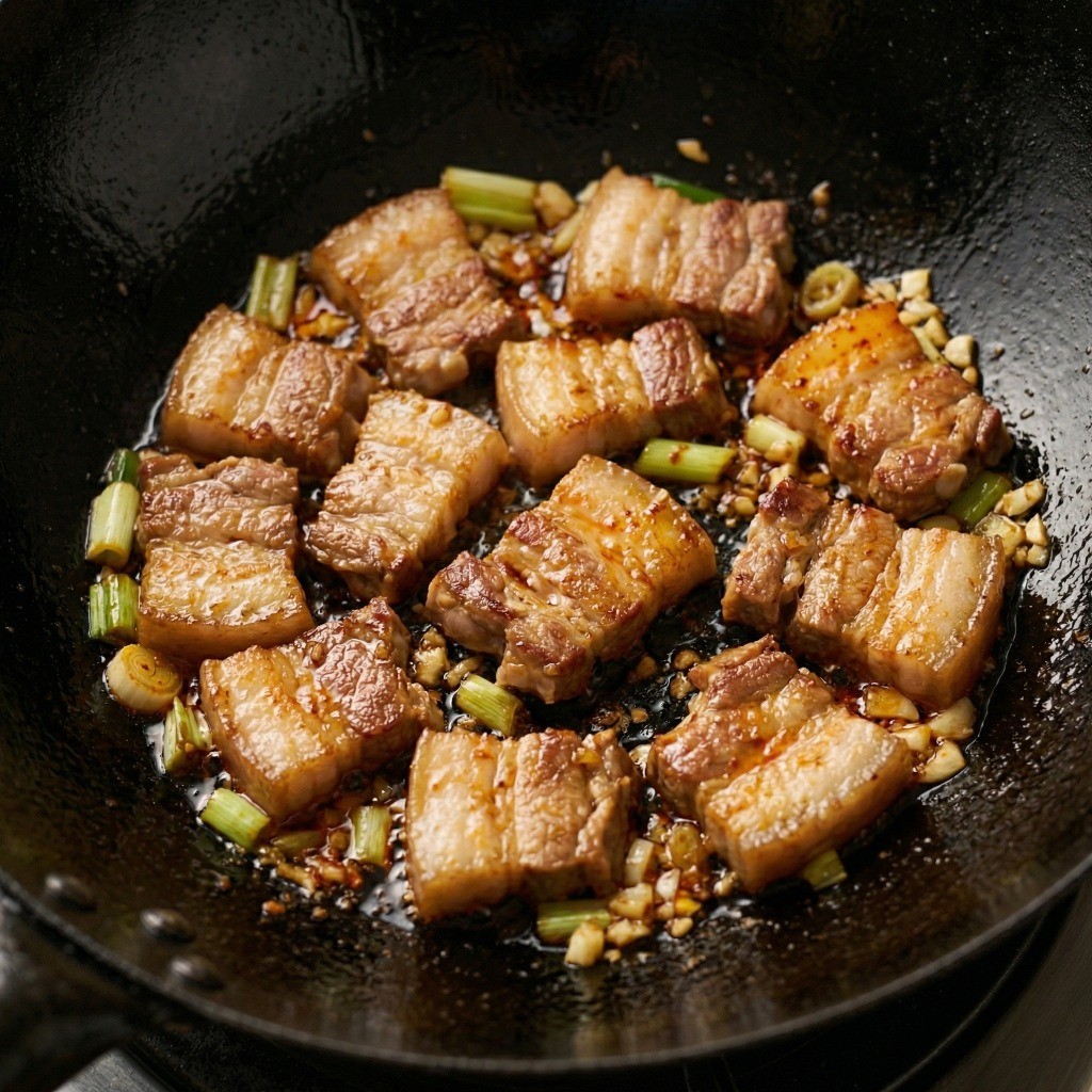 고추기름에 대파와 다진 마늘로 향을 내고 두툼한 삼겹살을 노릇하게 볶아 파마늘 기름을 내는 과정