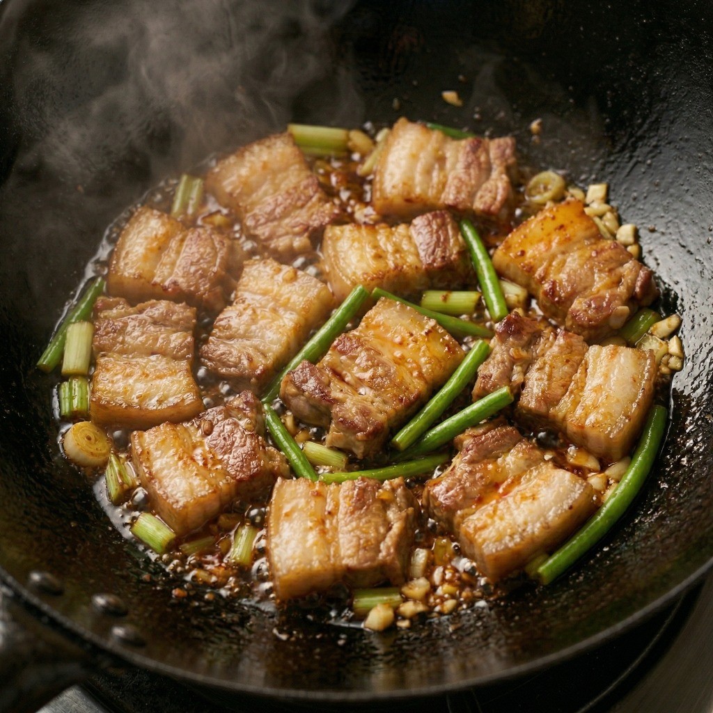 간장, 두반장, 굴소스로 만든 특제 중식 소스에 미리 볶아둔 삼겹살과 채소를 버무리는 볶음면 양념 과정