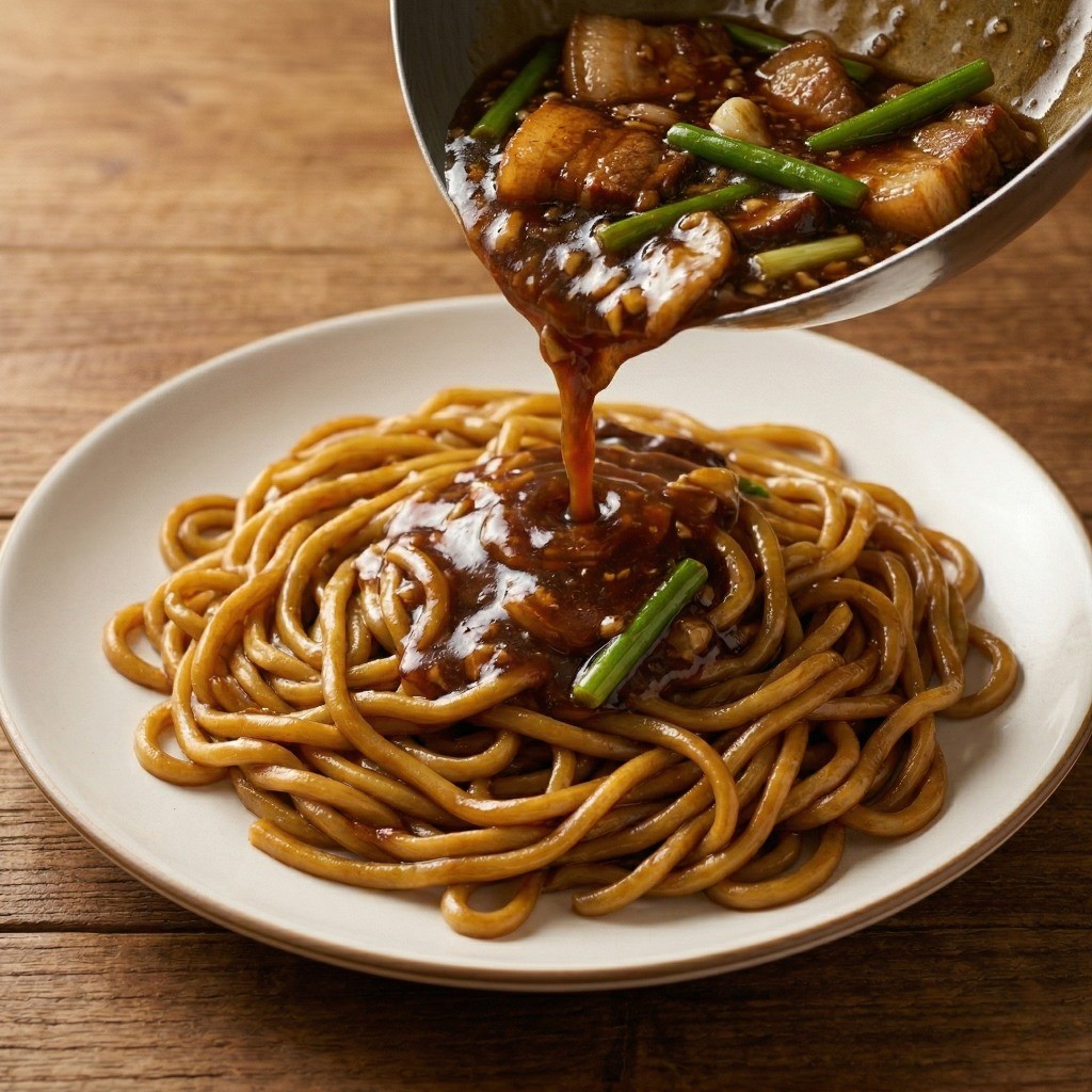 전분물로 걸쭉하게 농도를 맞춘 소스를 중화면에 얹어 이연복 삼겹살 볶음면을 완성한 모습