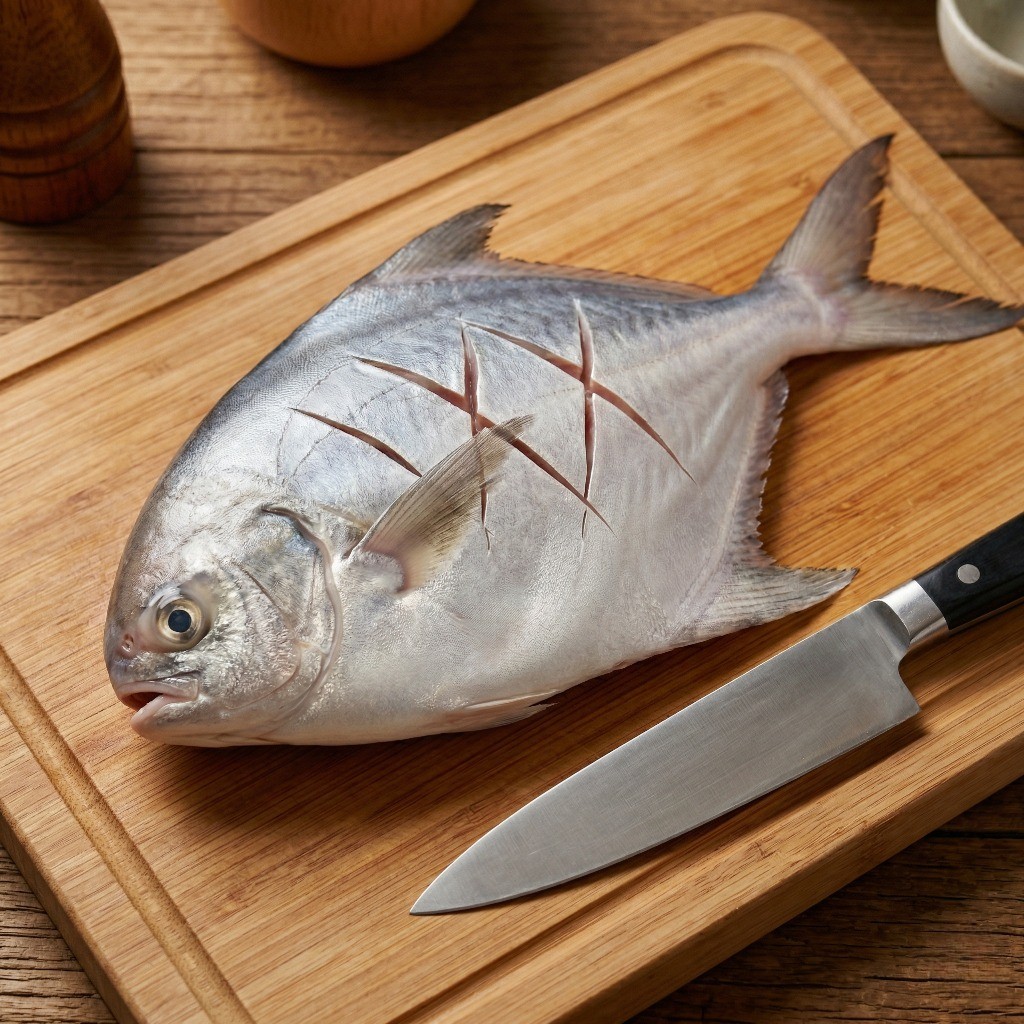 홍소생선 레시피 1단계: 병어 내장 제거 후 양면에 X자 모양으로 깊게 칼집을 낸 손질 상태