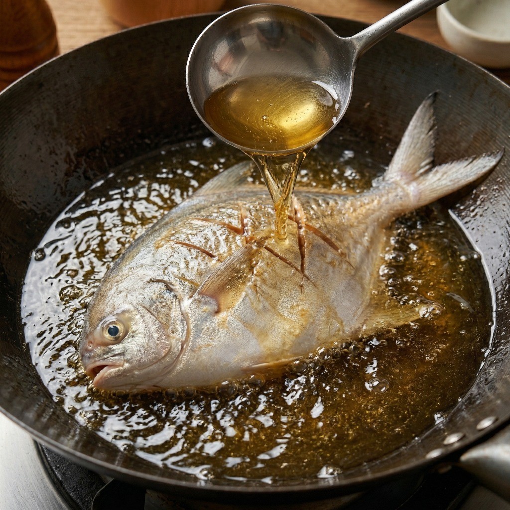 홍소생선 레시피 2단계: 180도 예열된 기름에 병어를 넣고 국자로 뜨거운 기름을 끼얹으며 바삭하게 튀기는 모습