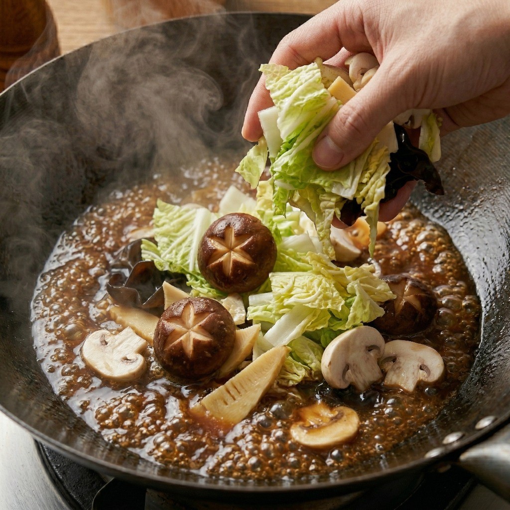 홍소생선 레시피 4단계: 끓는 소스에 알배기 배추, 표고버섯, 양송이버섯, 죽순, 목이버섯을 넣어 채수를 우려내는 모습