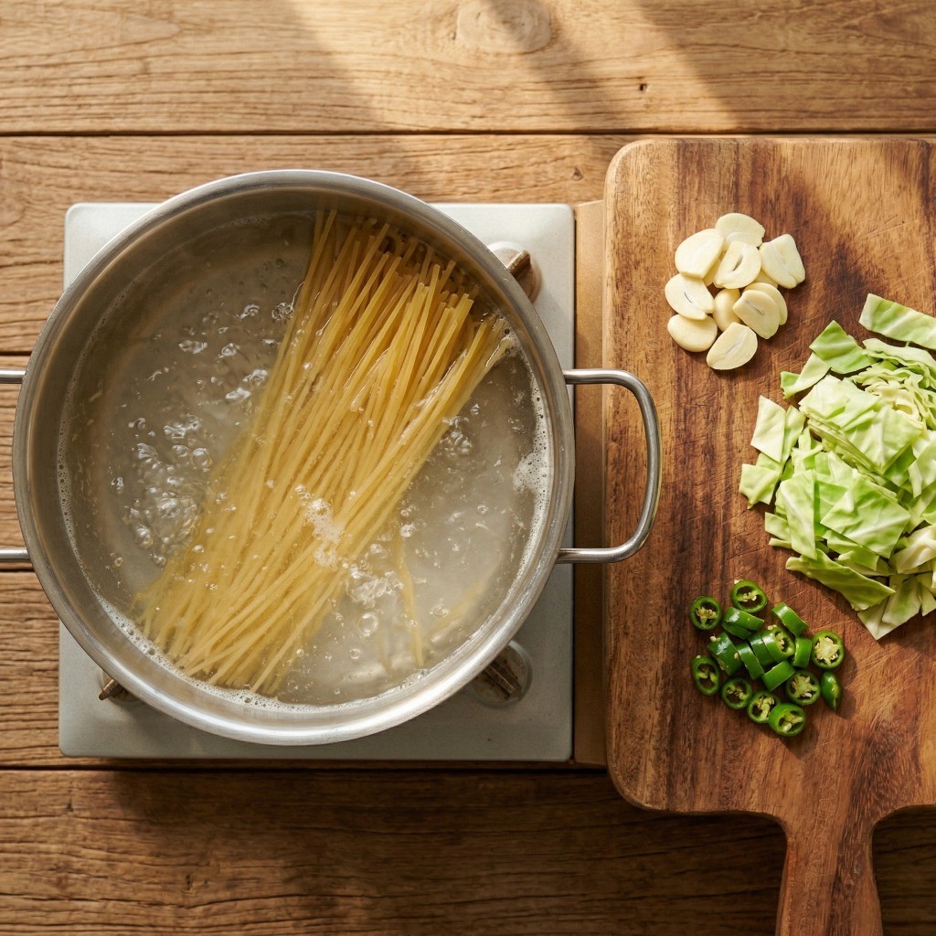 명란 파스타 레시피 1단계: 끓는 물에 파스타 면 삶기 및 마늘, 양배추 재료 손질 과정