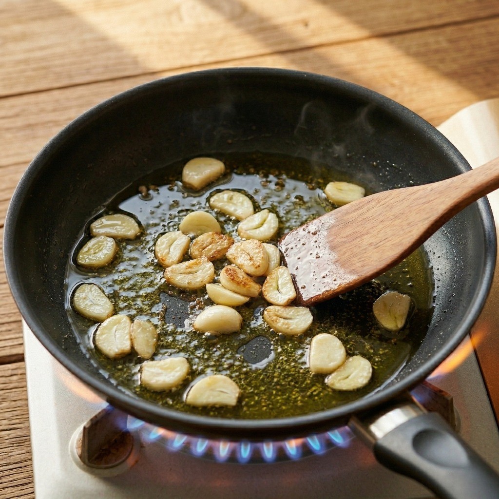 명란 파스타 레시피 2단계: 프라이팬에 올리브유를 두르고 편마늘을 볶아 마늘 기름 내기