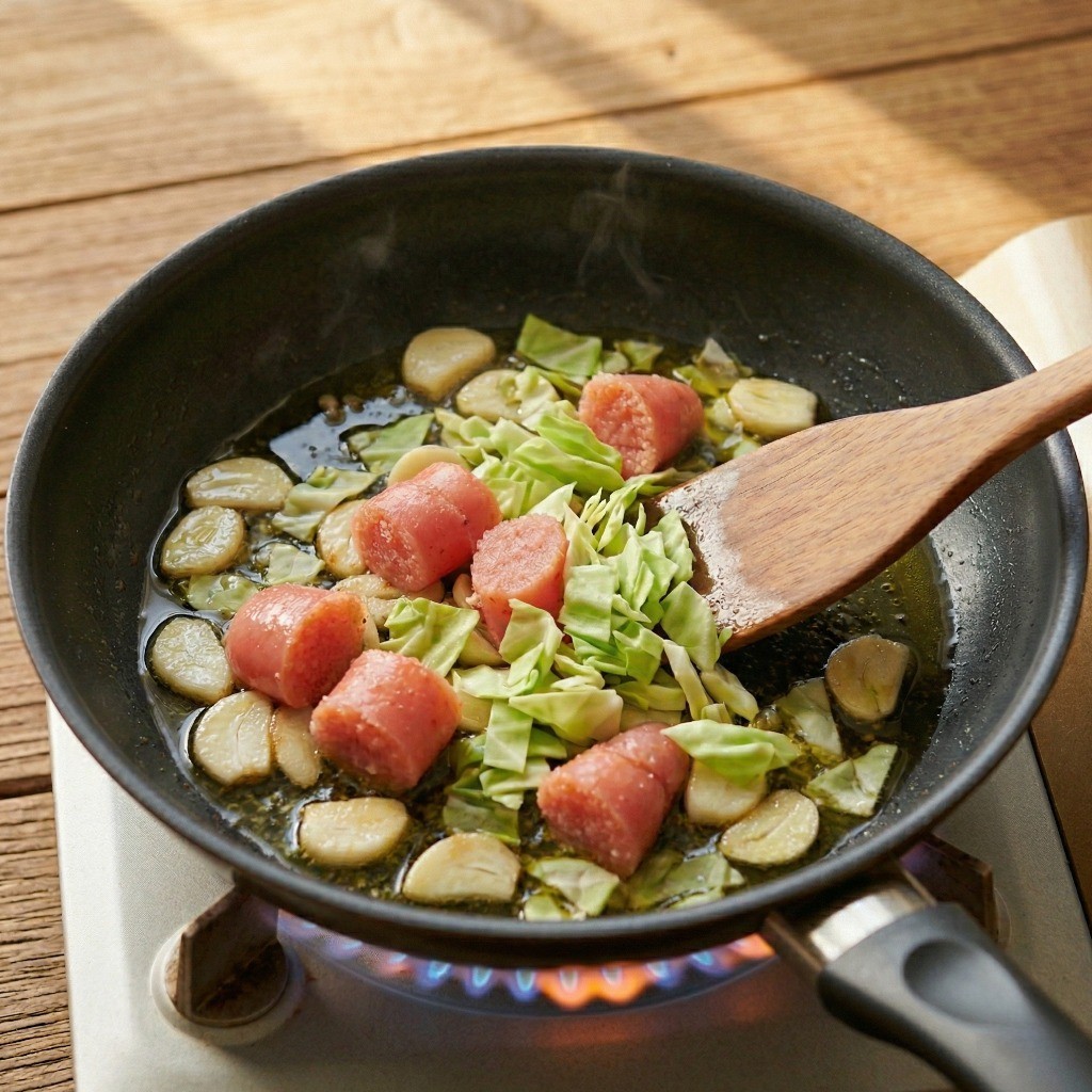 명란 파스타 레시피 3단계: 마늘 기름에 양배추와 저염 명란젓을 통째로 넣고 볶기