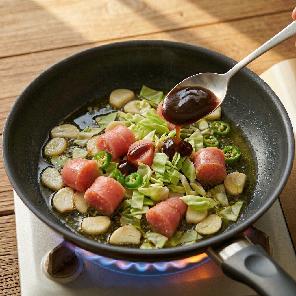 명란 파스타 레시피 4단계: 송송 썬 청양고추와 굴소스를 추가하여 파스타 감칠맛 올리기